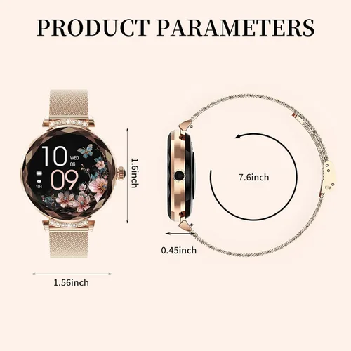 Miniatura 6 de Reloj inteligente para mujer Android/iOS, IP68, impermeable, con llamadas Bluetooth, recordatorio menstrual femenino (2 correas doradas)