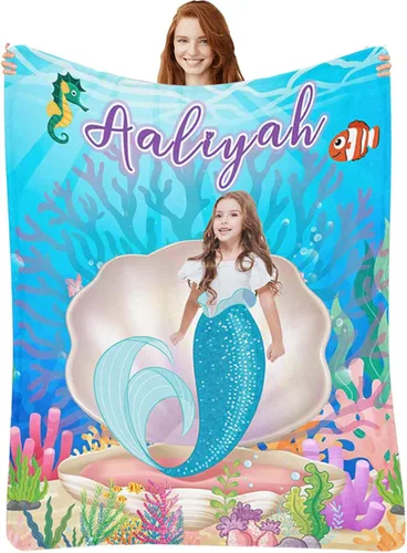 Miniatura 9 de Manta de Sirena Personalizada para Niñas Bebés - Manta de Forro Polar para Recién Nacidos y Niños Pequeños - Foto y Nombre, Regalos de Navidad