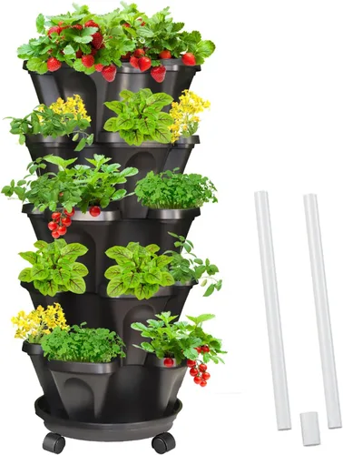 Miniatura 13 de Macetas verticales de fresa, paquete de 2 unidades, torre apilable de 5 niveles con poste de soporte, macetas apilables para hierbas y verduras