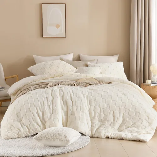 Miniatura 2 de Litanika - Juego de edredón esponjoso tamaño individual color beige, 3 piezas, ropa de cama de sherpa de felpa cálida para invierno, juego de cama