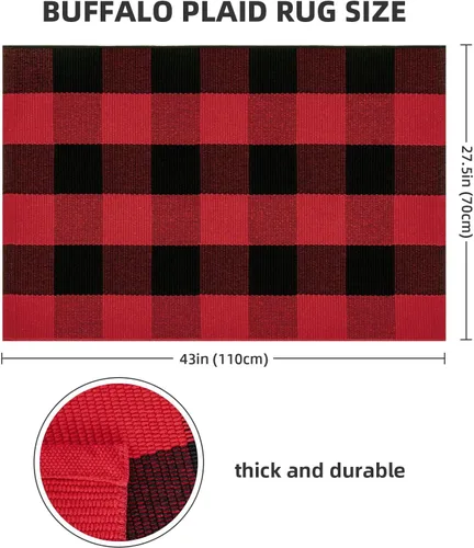 Miniatura 2 de joybest - Alfombra de felpudo tipo búfalo a cuadros de 27.5 x 43 pulgadas en negro y rojo; alfombra de algodón tejida a mano para puerta delantera