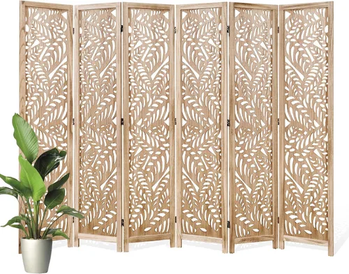Miniatura 10 de Divisor de habitación tallado con hojas, pantalla de privacidad de 67 pulgadas de alto, panel divisor de pantalla de madera decorativa plegable