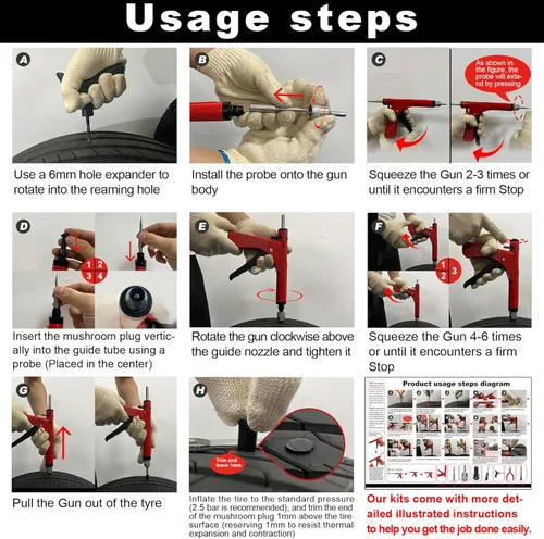 Miniatura 7 de Richcat Kit de reparación de pinchazos de neumáticos sin cámara con tapón de seta, repara pinchazos y neumáticos planos para motocicletas