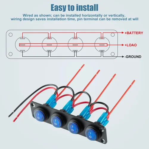 Miniatura 7 de Panel de interruptor marino impermeable, interruptor basculante de palanca de 4 bandas con punto redondo de 12 V CC iluminado 20 A 3 pines SPST