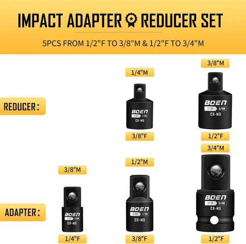 Miniatura 2 de BOEN Juego de 5 piezas de adaptador de enchufe de impacto y juego reductor, estándar SAE, adaptador de enchufe de accionamiento de 1/4", 3/8", 1/2