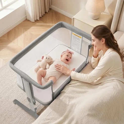 Miniatura 11 de INFANS Cuna de bebé 3 en 1, cuna lateral para recién nacido, cuna plegable con colchón, bolsa de viaje, ruedas, malla de 4 lados, cuna de montaje
