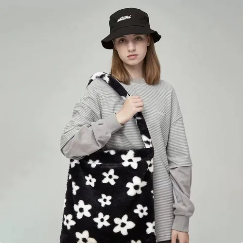 Miniatura 6 de Bolso de mano peludo y esponjoso, bolso grande y mullido, lindo bolso de felpa con cremallera para mujeres y niñas, bolso de hombro de piel