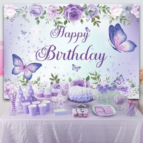 Miniatura 6 de Pancarta de cumpleaños de mariposa morada para mujeres y niñas (59 x 36 pulgadas), pancarta morada para decoración de feliz cumpleaños para mujeres