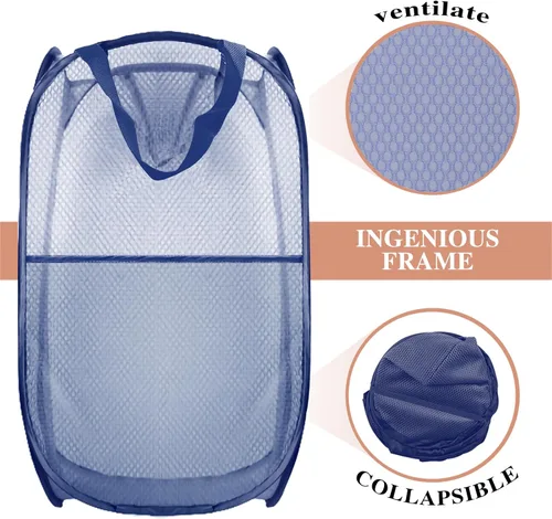 Miniatura 4 de Cesto de ropa sucia plegable emergente, cesta de ropa plegable de malla extragrande, 28" x 16" x 16" (azul)