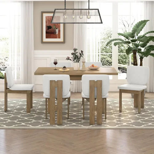 Miniatura 2 de Merax Juego de mesa de comedor de madera para 6, mesa rectangular/sillas tapizadas/diseño geométrico retro, ideal para comedor y cocina, natural