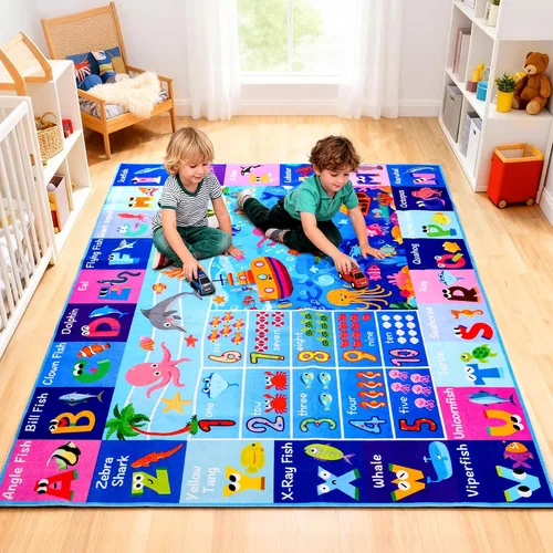 Miniatura 8 de Alfombra de juego para bebé para piso, alfombra ABC antideslizante de 4 x 5 pies, alfombra extra gruesa para niños, alfombra para niños para sala