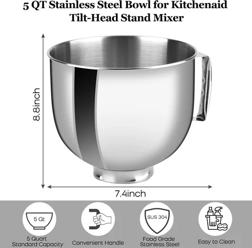 Miniatura 3 de Tazón de acero inoxidable compatible con mezclador Kitchenaid de 4.5/5 cuartos de galón, con tapa, cuenco inoxidable de 5 cuartos de galón