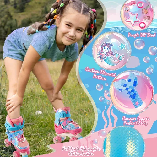 Miniatura 2 de Patines de Sirena para Niñas, MoSoulais 4 Tamaños Ajustables con Ruedas Iluminadas para Niños Pequeños, Patines para Mujeres Principiantes