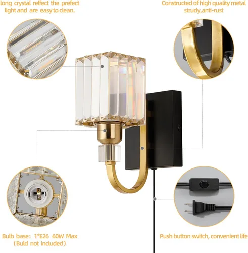 Miniatura 3 de Aplique de pared moderno de cristal con enchufe, lámpara de pared montada en negro dorado, lámpara de tocador enchufable con interruptor