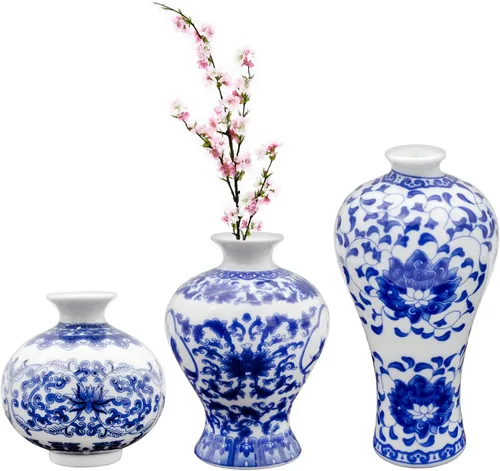 AuldHome - Juego de 3 jarrones de porcelana azul y blanco, mini jarrones decorativos para granja, casa de campo y decoración vintage