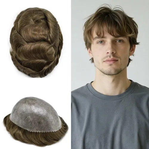 Miniatura 77 de Peluca completa de poliuretano para hombre, sistemas de reemplazo de cabello humano, piel fina y duradera, para hombre, prótesis de cabello