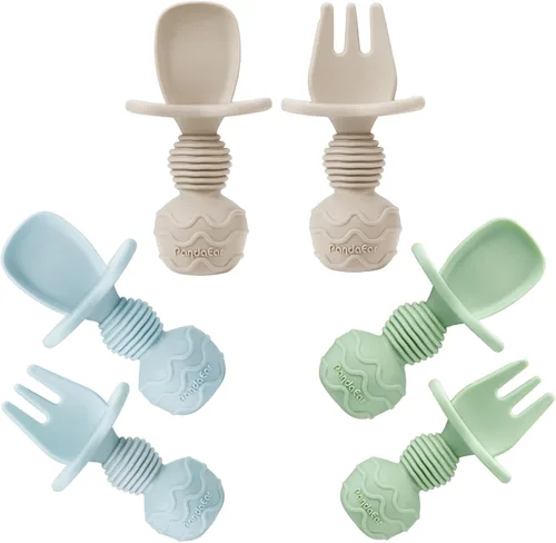 Miniatura 10 de PandaEar Juego de 6 cucharas y tenedor de silicona para bebés, antiahogo, primeros utensilios de autoalimentación para bebés a partir de 3 meses
