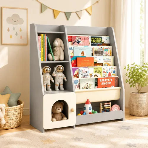 Miniatura 13 de FKWin Estantería infantil 2 en 1 y almacenamiento de juguetes de 5 niveles con carrito rodante, almacenamiento oculto para guardería, sala