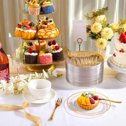 Miniatura 2 de DaYammi 240 platos de postre que incluyen 120 platos dorados para pastel de 6.3 pulgadas con 120 tenedores de plástico dorado de 5.7 pulgadas