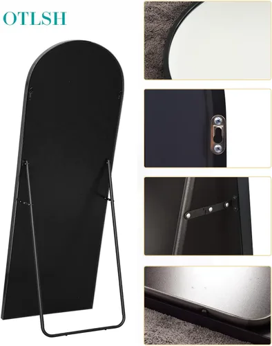 Miniatura 4 de Otlsh - Espejo de piso arqueado, espejo de cuerpo entero de 76"x34" con soporte, independiente, marco de aluminio - Negro