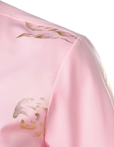 Miniatura 4 de ZEROYAA - Camisas de vestir de manga corta con estampado de rosa dorada para hombre, estilo hipster, calce ajustado, con botones