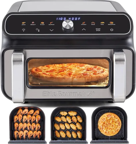 Miniatura 9 de Elite Gourmet Horno freidora de aire de doble zona de 11 cuartos de galón, freidora de aire de doble cesta con divisor, acabado de sincronización
