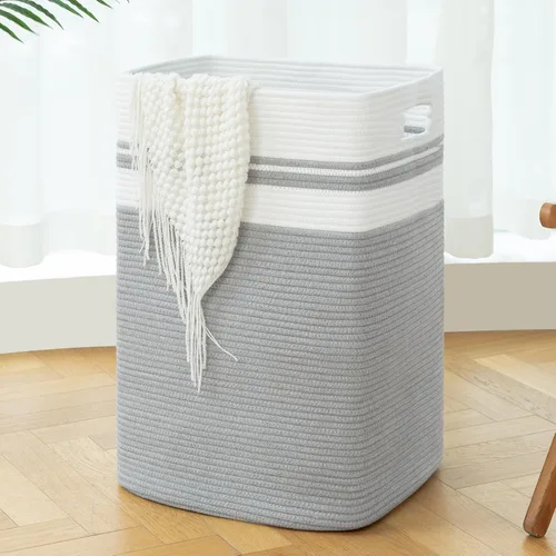 Miniatura 9 de OIAHOMY - Cesta de lavandería, cesta de almacenamiento alta de algodón con asas, cesta decorativa de mantas para sala de estar, cesta grande