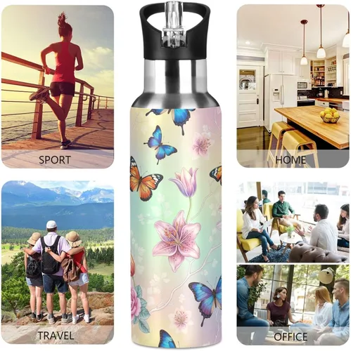Miniatura 5 de BPA-Free Sport Water Bottle Insulated 32 Oz, Insulated Stainless Steel Water Bottle with Straw for Gym Outdoor Travel School, Colorful Butterflies