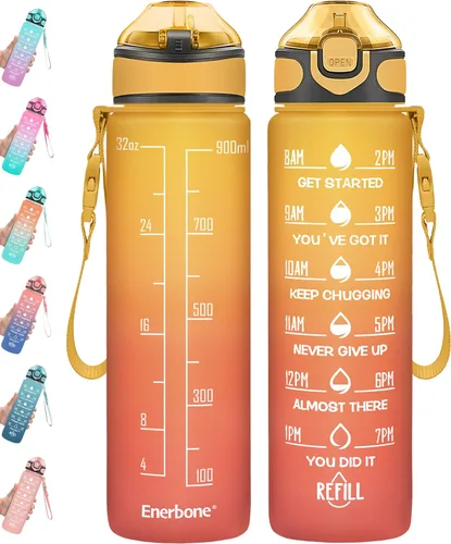 Miniatura 33 de Enerbone Botella de agua potable de 32 oz con tiempos para beber y popote, motivacional con correa para llevar, a prueba de fugas, sin BPA ni