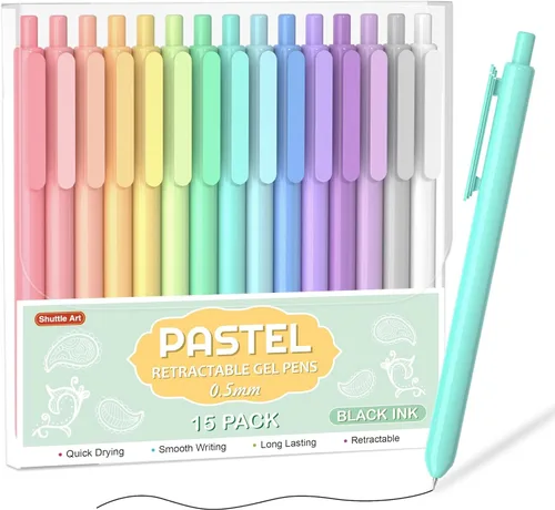 Shuttle Art Bolígrafos retráctiles de tinta gel pastel, paquete de 15 bolígrafos de tinta negra, bolígrafos lindos de punta fina de 0.02 pulgadas 15
