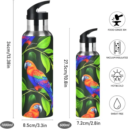 Miniatura 2 de Insulated Stainless Steel Water Bottle with Straw 20 Oz, BPA-Free Sports Water Bottle with Straw for Gym Outdoor Travel School, Vibrant Birds Green