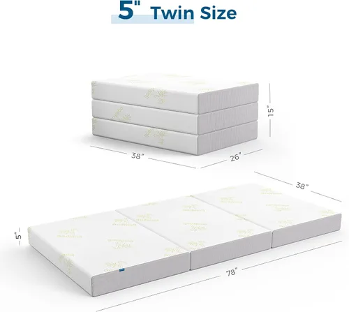 Miniatura 3 de Inofia Colchón plegable individual, colchón de espuma viscoelástica triple de 5 pulgadas con funda extraíble suave - para campamento, invitados