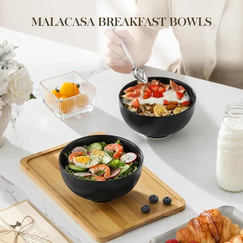 Miniatura 7 de MALACASA Juego de 6 cuencos de sopa de porcelana de 26 onzas, cuencos de cerámica negra para cocina, cuenco de cereales para avena, fruta, ensalada