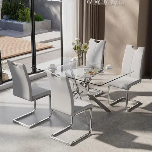 Miniatura 25 de Juego de mesa de comedor de 5 piezas para 4, mesa rectangular moderna de cristal con 4 sillas tapizadas de cuero, juegos de mesa y sillas de comedor
