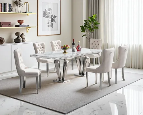Miniatura 22 de Juego de mesa de comedor de mármol sintético, 7 piezas, juego de mesa de cocina y comedor para 6, mesa de comedor rectangular blanca de 70 pulgadas
