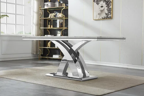 Miniatura 4 de Moderno juego de mesa de comedor de mármol sintético de 68.11 pulgadas para 6, mesa de comedor de mármol blanco y plateado con 6 sillas de Blanco