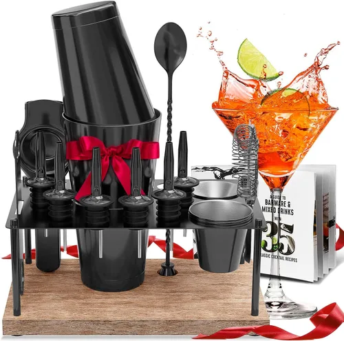 Miniatura 14 de Juego de coctelera de bar, kit de camarero, juego de cóctel negro de 8 piezas, kit de barman mixología, kit de coctelera de acero para bebidas