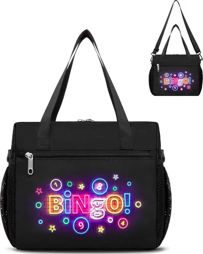 Bolsa de bingo para Daubers Dabbers Dobbers Dotters resistente al agua, bolsa de accesorios de bingo con bolsillos para adultos mayores (negro)