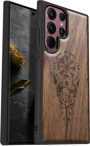 Miniatura 9 de Carveit Funda para Galaxy S22 Ultra de madera compatible con S22 Ultra Viking Compass Vegvisir-Rosy Madera real dura, TPU suave, funda protectora