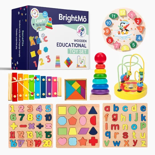 Juguete Montessori de madera 8 en 1 para niños y niñas de 3 años - Alfabeto, números, clasificación de formas y xilófono - Set de aprendizaje