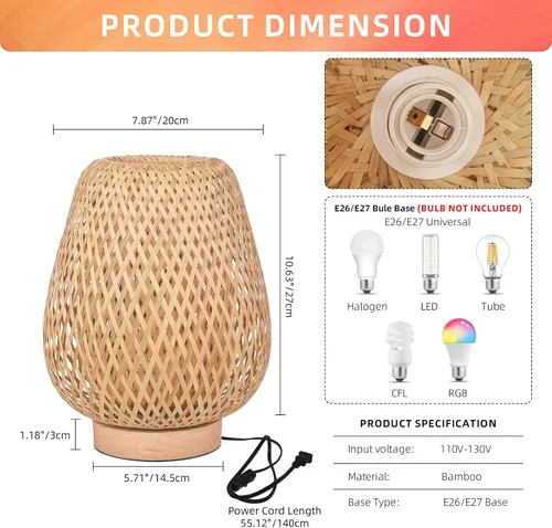 Miniatura 5 de Lámpara de mesa de tejido de bambú con base de madera natural hecha a mano, luz nocturna de noche para dormitorio, lámpara de escritorio retro, luz
