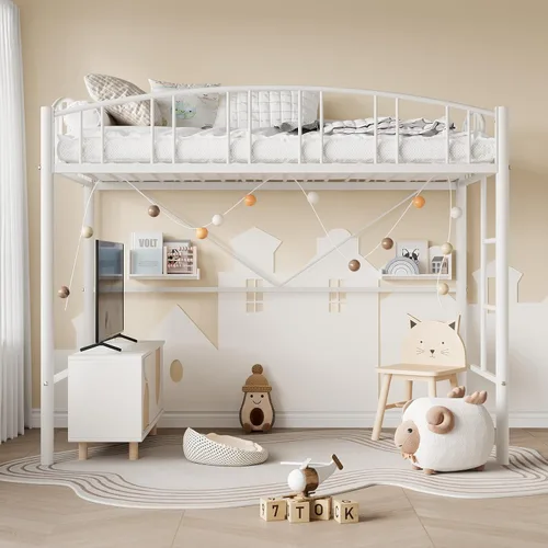 Miniatura 4 de Cama alta de metal resistente tamaño individual con escalera y barandilla arqueada, soporte de listones de acero resistente, diseño que ahorra