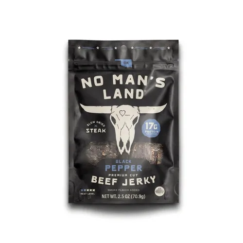No Mans Land Beef Jerky - Pimienta negra | Tiras de carne seca secadas lentamente, ahumadas y sazonadas | Bocadillo de carne de res alto en