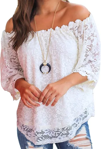 Miniatura 4 de Miholl - Blusa suelta casual, con encaje y hombros descubiertos.