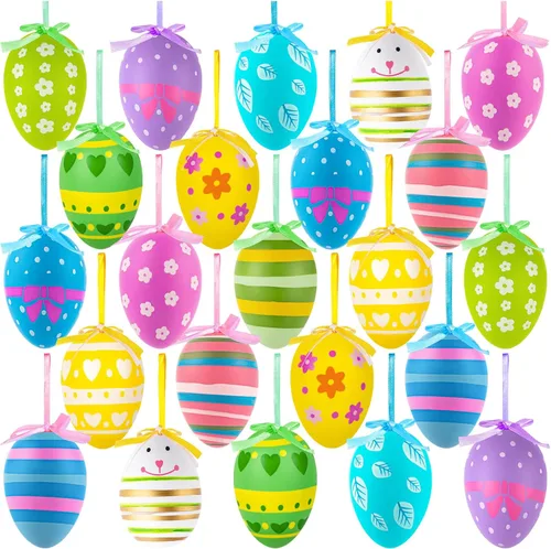 24 piezas de huevos colgantes de Pascua, adornos colgantes de huevos de Pascua de plástico multicolor, bola decorativa pintada a mano, manualidades