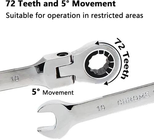 Miniatura 4 de Llave de trinquete de cabeza flexible de 0.394 in y 12 puntos, llave de trinquete métrica con 72 dientes y movimiento de 5° para espacio reducido, 1