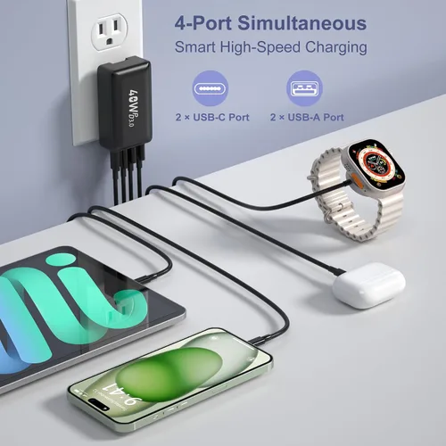 Miniatura 3 de OKRAY - Bloque de carga USB C plano de 40 W, 4 puertos tipo C, enchufe de pared plegable de ladrillo de carga rápida, PD3.0 y QC3.0, adaptador