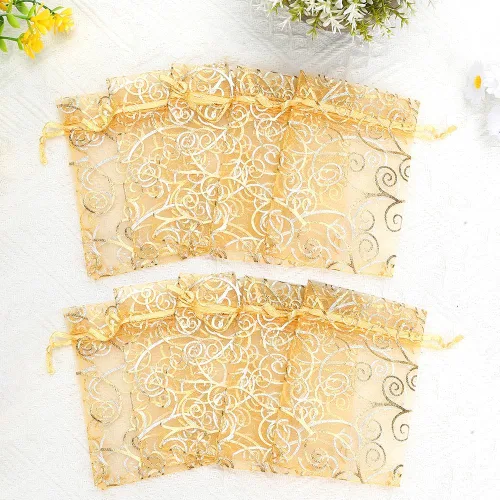 Miniatura 4 de Bolsas de organza doradas, 100 bolsas de organza transparente, bolsa de malla dorada con cordón de 3 x 4 pulgadas, bolsas de regalo impresas