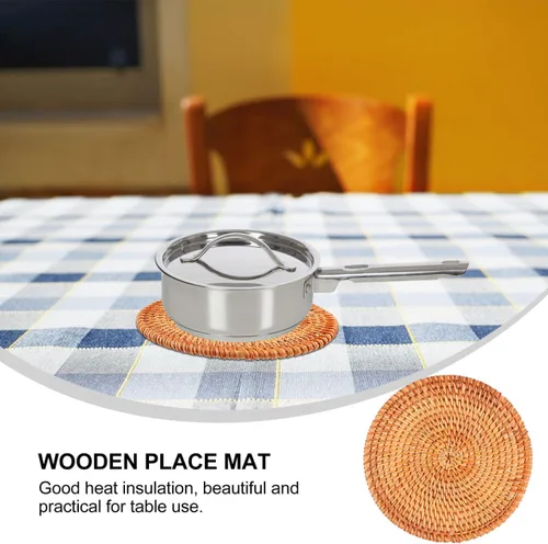 Miniatura 8 de Tapete individual de ratán resistente al calor, posavasos de madera de chocolate de 5.11 pulgadas, tapete antideslizante para uso doméstico