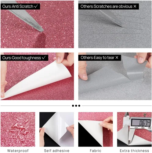Miniatura 4 de Papel pintado de purpurina rosa FunStick para pegar y despegar para dormitorio de niñas Papel de contacto decorativo de purpurina rosa Papel pintado